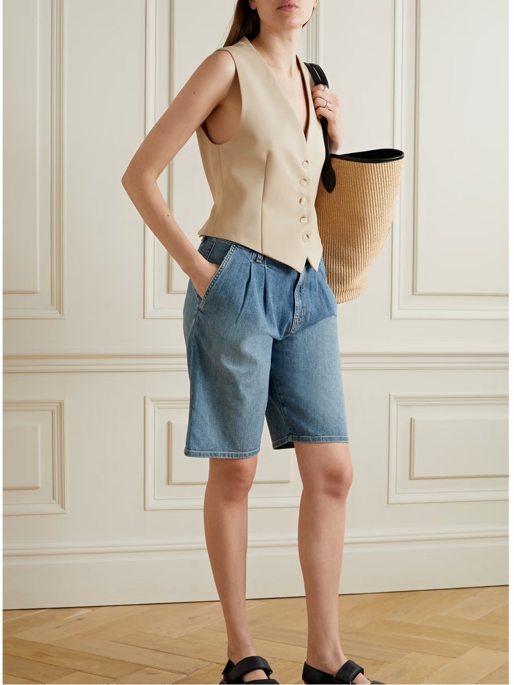 NWT Nili Lotan Julie Bermuda Denim Shorts High Rise Pleated Knee Length Size 30
